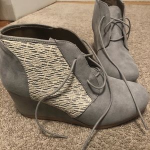 Lilac and lace wedge booties